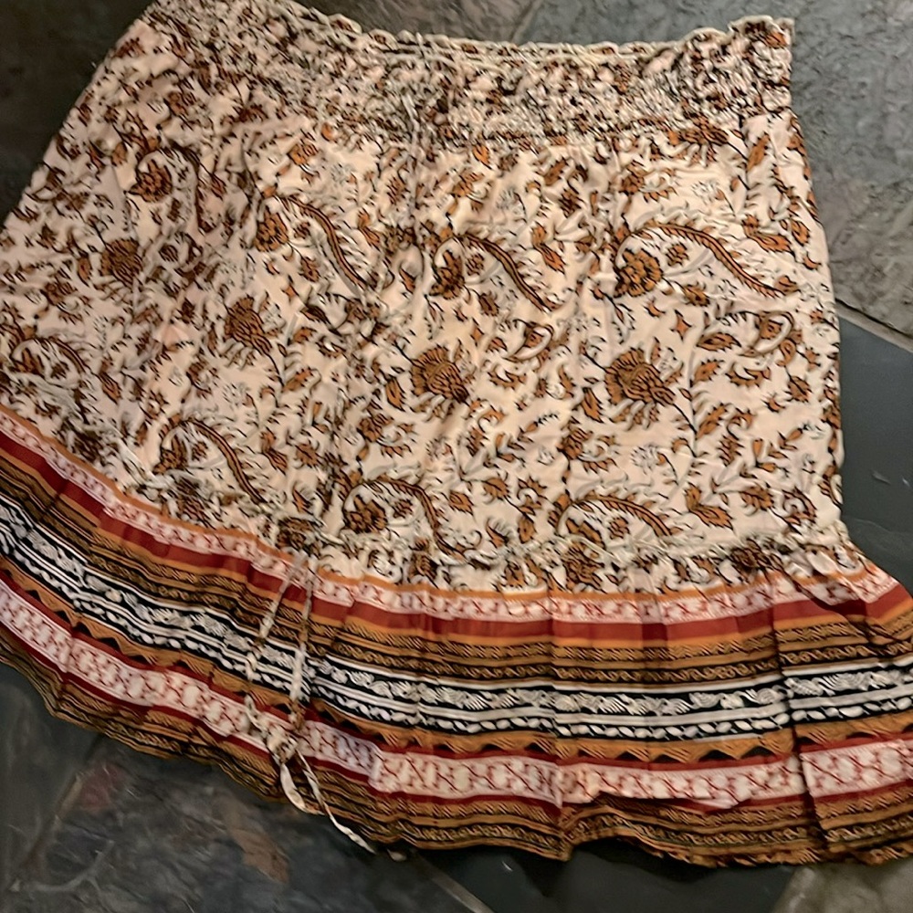 Tan rust Orange floral SKIRT 1X Clara boho  Cotton flared Ruffle Stretchy waist